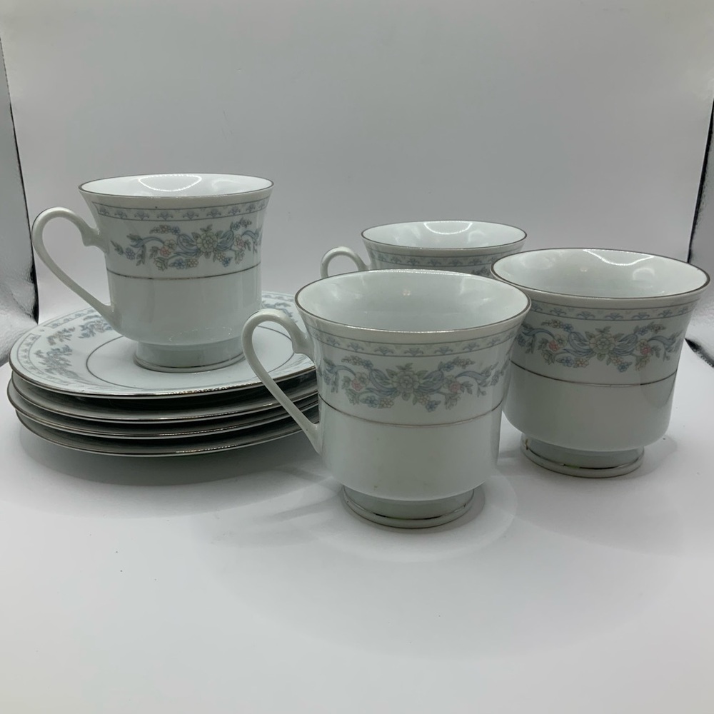 Somerset  Blue, Pink & Green Flowers w/Blue Ribbon Silver Trimmed Cups & Saucers